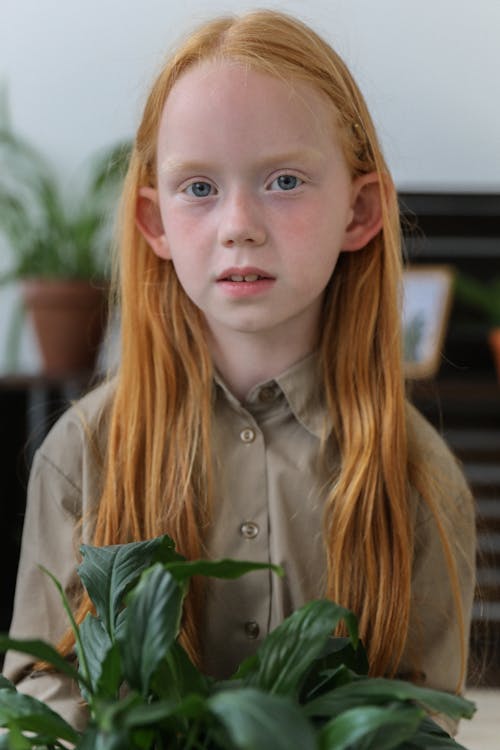 Charming little girl with plant at home · Free Stock Photo