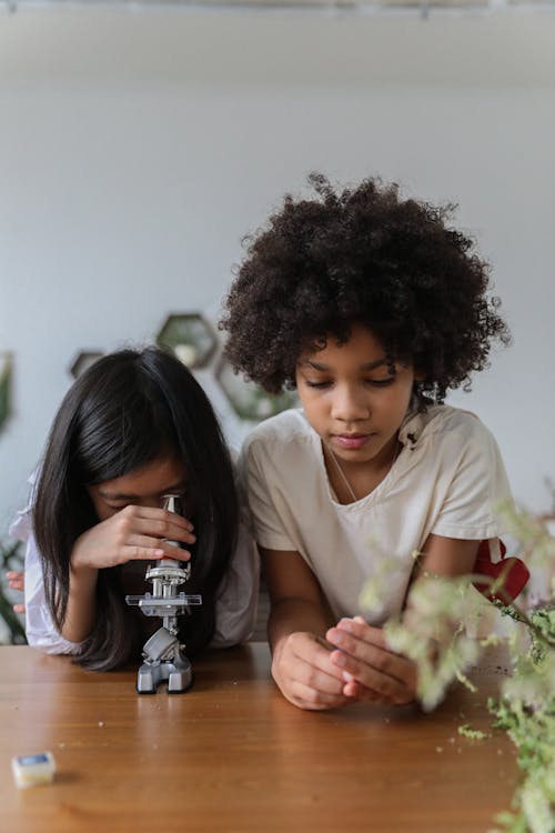 Concentrated multiracial children standing near wooden table and watching in microscope while doing homework
