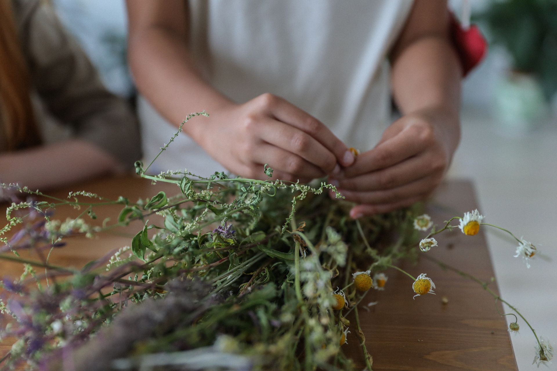 Person arranging a bunch of wild chamomile flowers on a wooden table indoors.