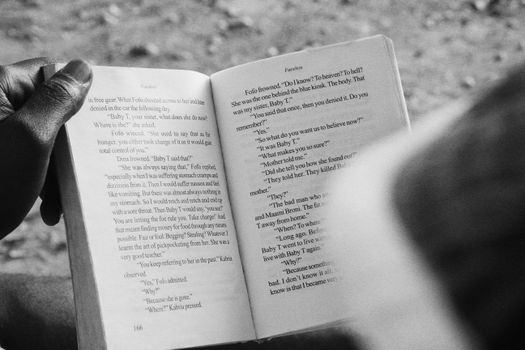From above black and white of unrecognizable African American male sitting with opened book near rural stony road in street in daylight