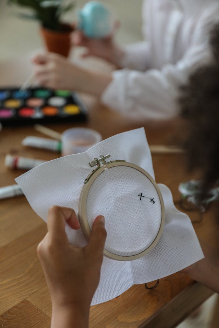 Diverse Children Doing Embroidery And Painting