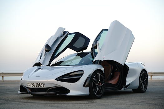 A luxurious white sports car with butterfly doors open on an empty road.
