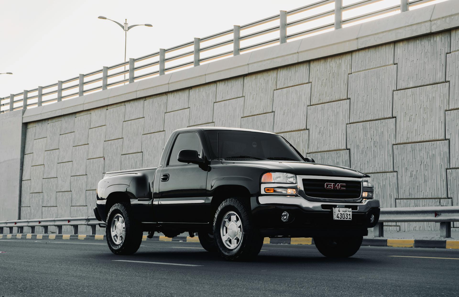 Sleek black pickup truck parked on an urban road under a concrete overpass in daylight.