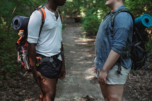 Multiethnic men talking on path in forest