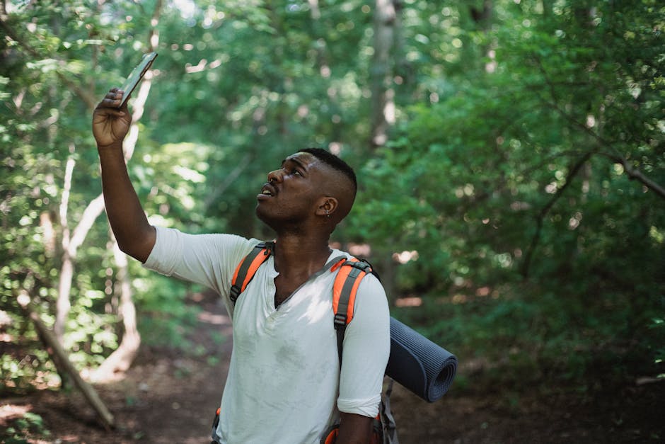 African American male with backpack standing in forest and holding mobile phone while catching GPS signal during hike