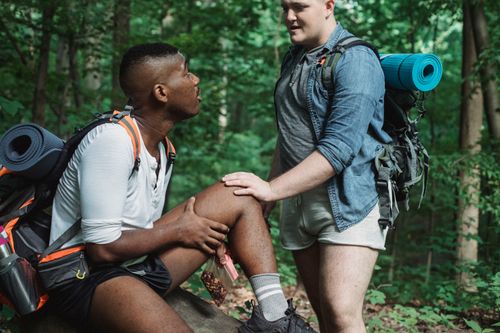 Free Multiethnic gay couple relaxing in green lush forest and talking to each other while spending weekend in hike Stock Photo