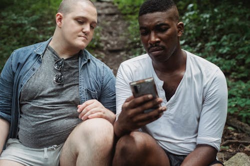 Concentrated multiethnic male travelers surfing internet while relaxing in woodland in daytime on blurred background