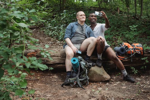 Free Traveling gay couple taking selfie on log in forest Stock Photo