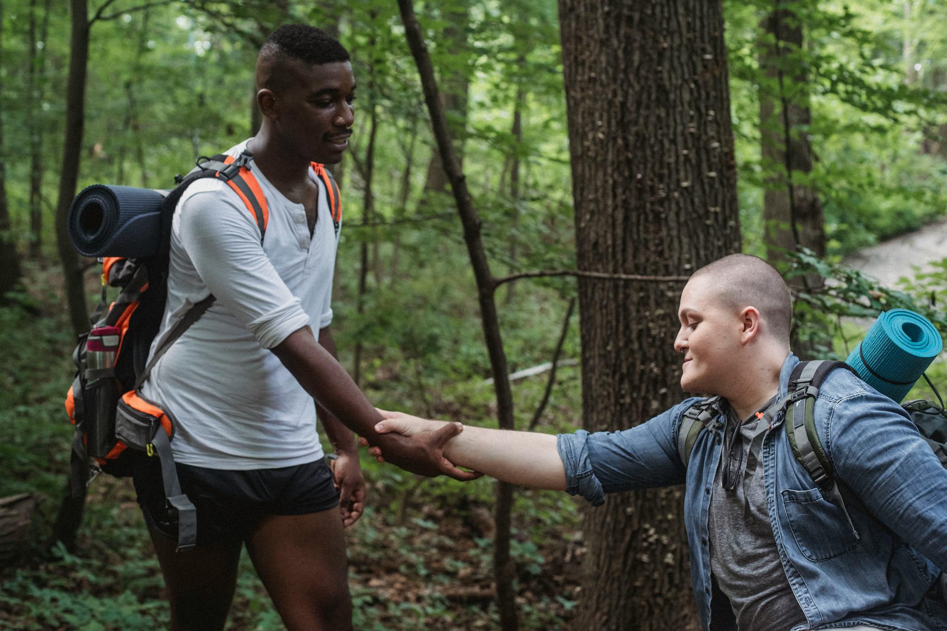 Two friends hiking in a lush forest demonstrate friendship and trust as they help each other over rugged terrain.