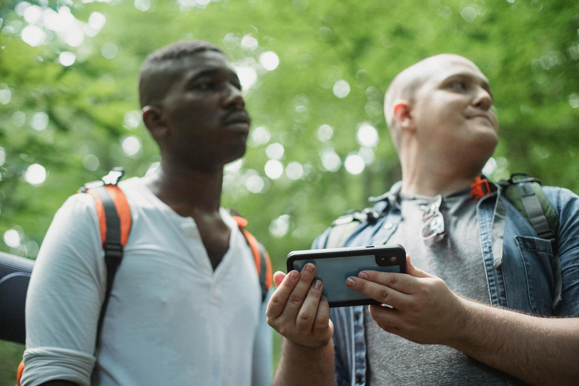 Low angle of multiethnic young male tourists checking route on cellphone while having adventure in woods