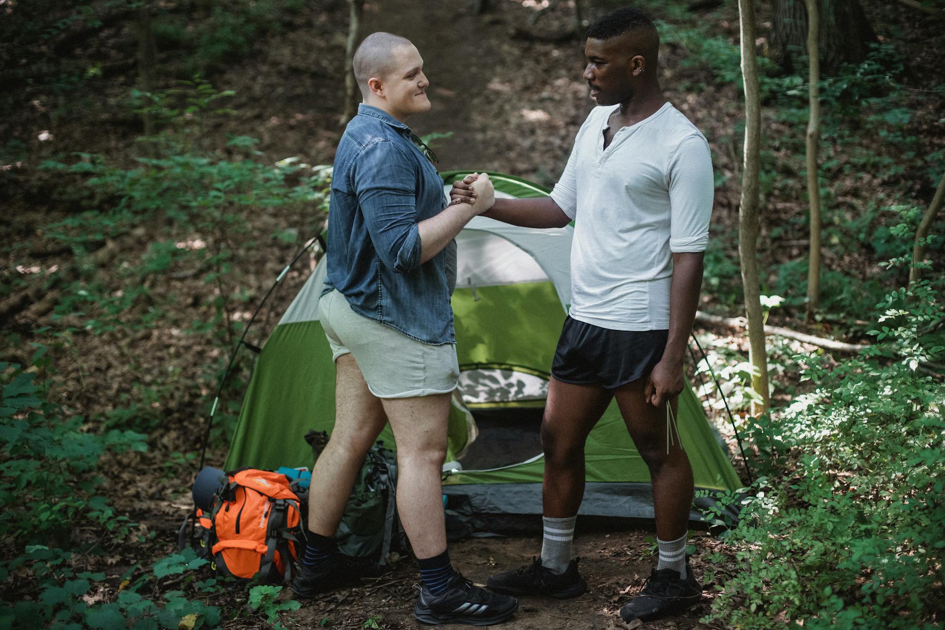 Cheerful multiethnic men standing in forest near green tent