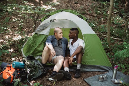 Free Full body of multiethnic male travelers enjoying freedom in camping tent during hike in woods Stock Photo