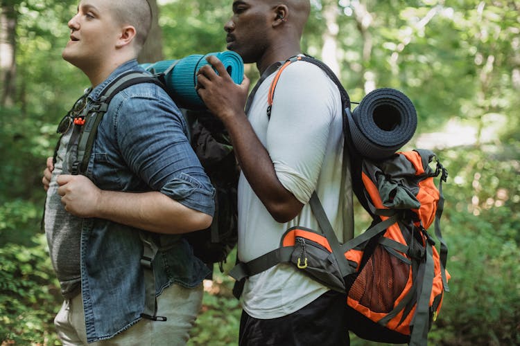 Young Multiracial Male Friends Standing In Forest While Hiking