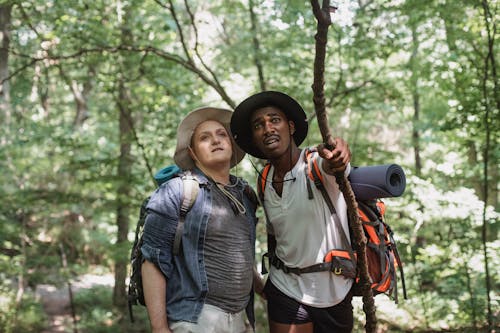 Free Pensive diverse travelers in bucket hats with backpacks with hiking equipment standing in forest in daytime Stock Photo