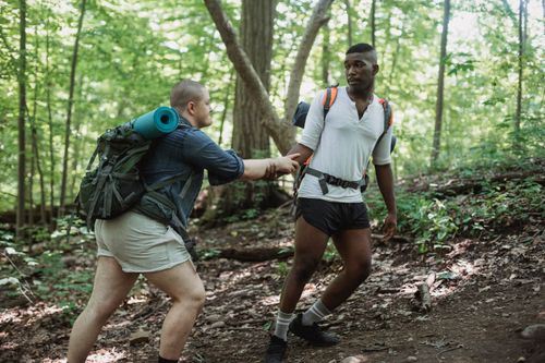 Free Calm African American traveler helping friend with backpack to climbing up on hill in forest in daytime Stock Photo