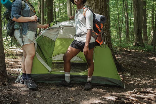 Amici In Viaggio Che Riposa Vicino Alla Tenda Da Campeggio Nella Foresta