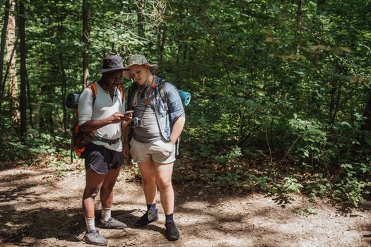 Young multiracial male travelers with rucksacks watching cellphone on pathway against greenery trees in woods