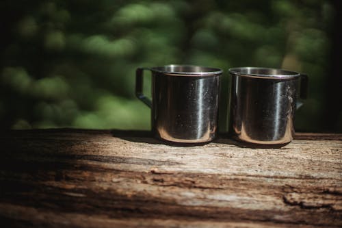 Free Pair of metal mugs on tree trunk in woods Stock Photo