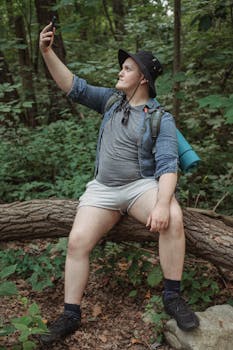 A hiker sitting on a tree trunk in the woods, capturing a selfie during a summer hike.