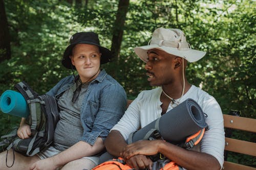 Multiethnic backpackers speaking on bench in woods