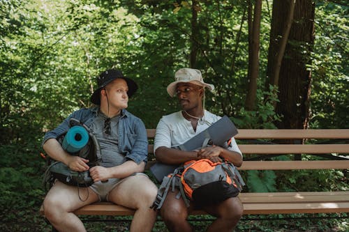Diverse backpackers resting on bench in forest