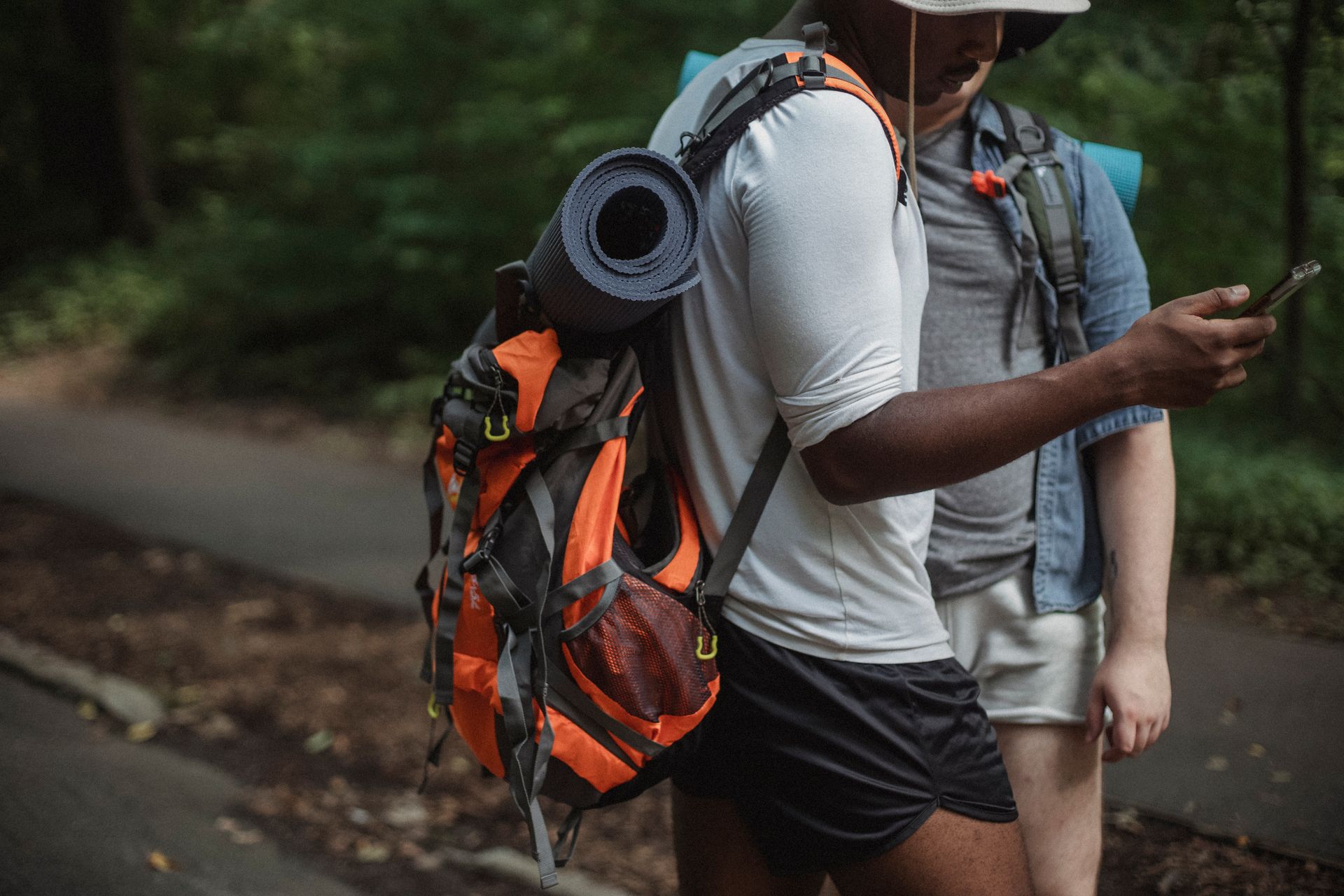 Crop anonymous multiethnic male backpackers in casual wear browsing internet on cellphone on pathway