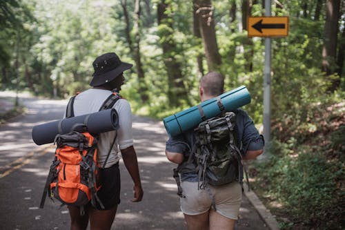 Unrecognizable diverse male hikers with backpacks walking along road