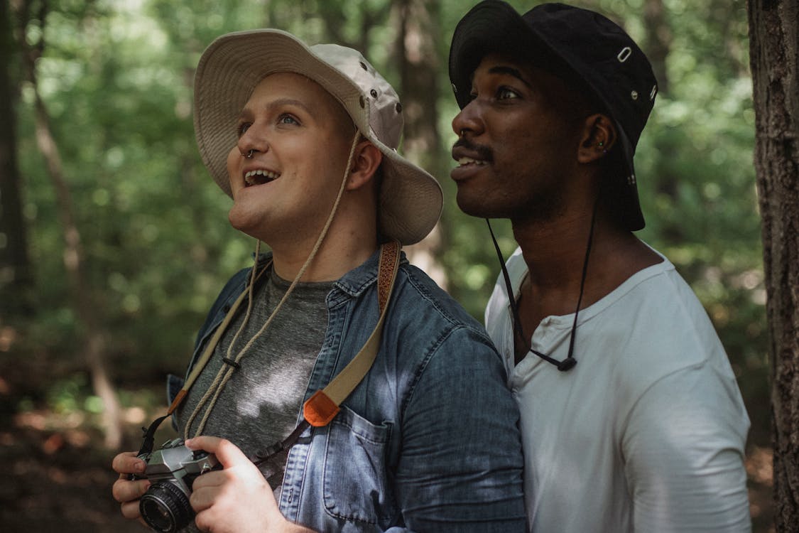 Free Side view astonished diverse males in casual summer clothes standing with photo camera in verdant forest and looking up in surprise Stock Photo