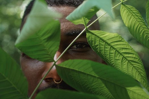 Crop black man standing behind green plant leaves in forest