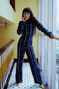 Full body of stylish Asian female with colorful makeup in checkered costume standing near window with hand on frame while smoking