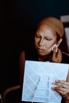 Young attentive Asian actress in wig cap with mirror applying makeup at work in theater