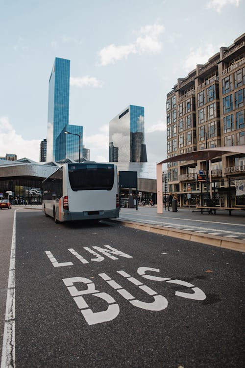 Autobús Blanco Y Azul En La Carretera