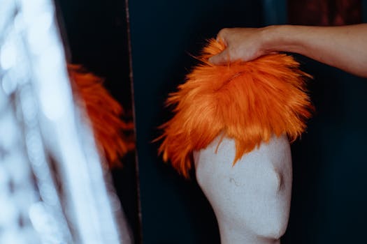 Close-up of an orange wig being placed on a mannequin head in a studio setting.
