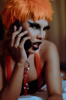 A captivating image of a stylish woman with vibrant hair talking on the phone, showcasing a bold and unique fashion style.