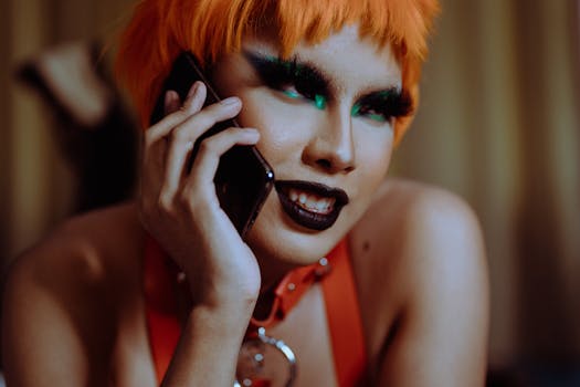 Crop young informal ethnic lady with bright makeup and short orange hair smiling while lying on stomach and talking on smartphone