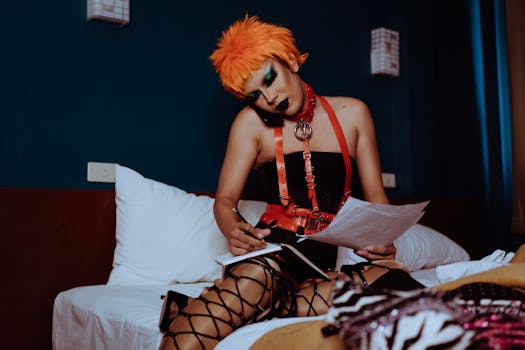 Androgynous individual with orange wig taking notes on bed during phone call.