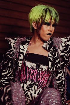 Expressive fashion shot featuring bold neon and zebra patterns with a dramatic look.