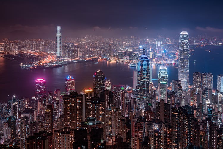 City Skyline In Hongkong During Night Time