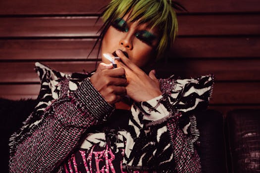 Striking fashion image of person with bold makeup and outfit, lighting a cigarette indoors.