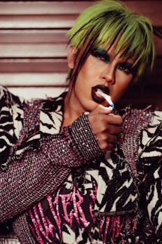 Stylish portrait of a person with vibrant green hair, striking makeup, and fashion-forward outfit.
