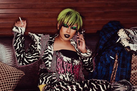 Confident male model with creative hairstyle and makeup in trendy clothes resting on sofa while holding cigarette and talking on mobile phone