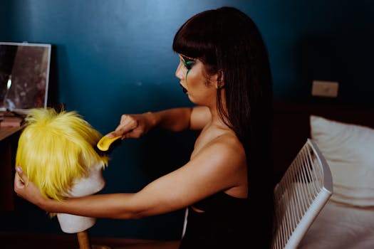 Side view of young crossdresser in bodysuit with makeup and long hair sitting and combing yellow hairpiece in dressing room