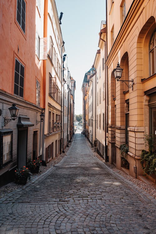 Empty Cobblestone Street Between Brown Concrete Buildings