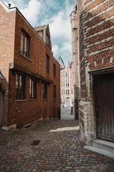 漫步于风景如画的老城区，探索一条古色古香的鹅卵石小巷，两侧矗立着历史悠久的砖砌建筑