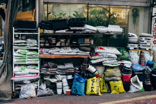 A vibrant market stall in Seoul displaying a variety of gardening materials and supplies.