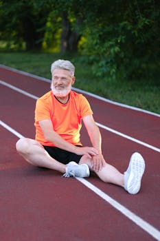 Full body of elderly cheerful male preparing for racing on track in stadium near green plants