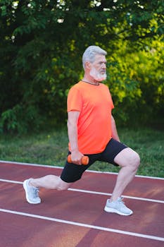 Elderly man exercising with dumbbells outdoors, embodying fitness and wellbeing.