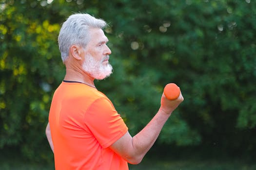 Elderly man in bright orange shirt lifting a dumbbell outdoors, showcasing fitness and health.