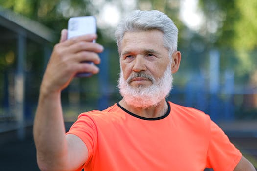 Gray-haired man in bright shirt taking a selfie with a smartphone outdoors.