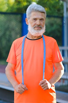 Elderly man with beard in sportswear holding a jump rope outdoors.